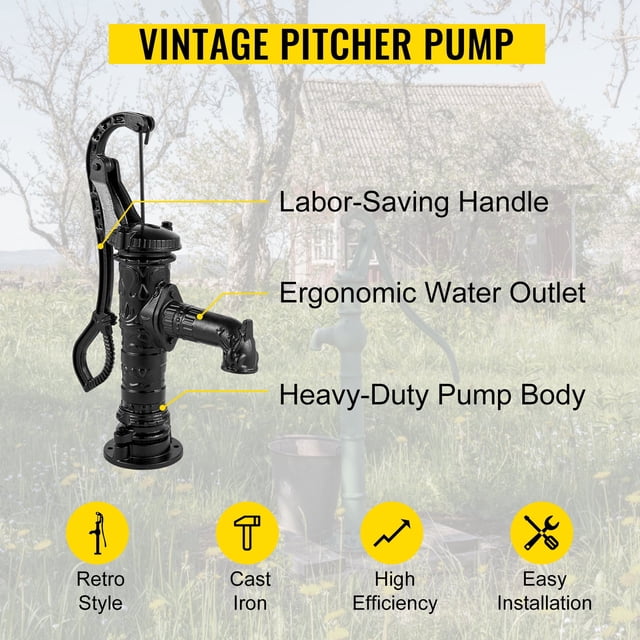 VEVOR Bomba de agua manual antigua de 14.6 x 5.9 x 25.6 pulgadas Bomba de jarra con manija Bomba de pozo de hierro fundido con orificios preestablecidos de 0.5 "para una fácil instalación