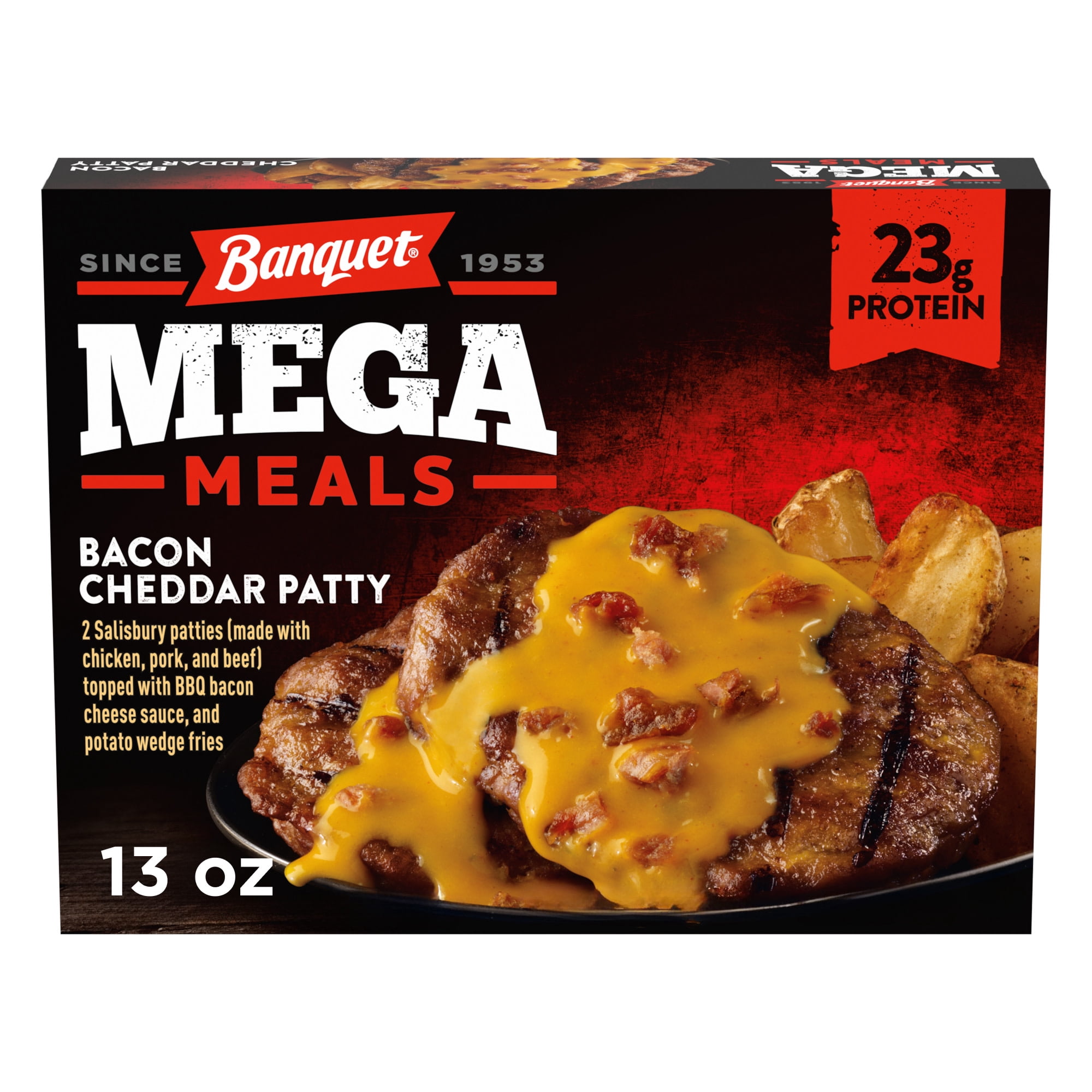 Banquet MEGA Meals Bacon Cheddar Patty, 23g Protein, Frozen Meal, 11.5 oz.