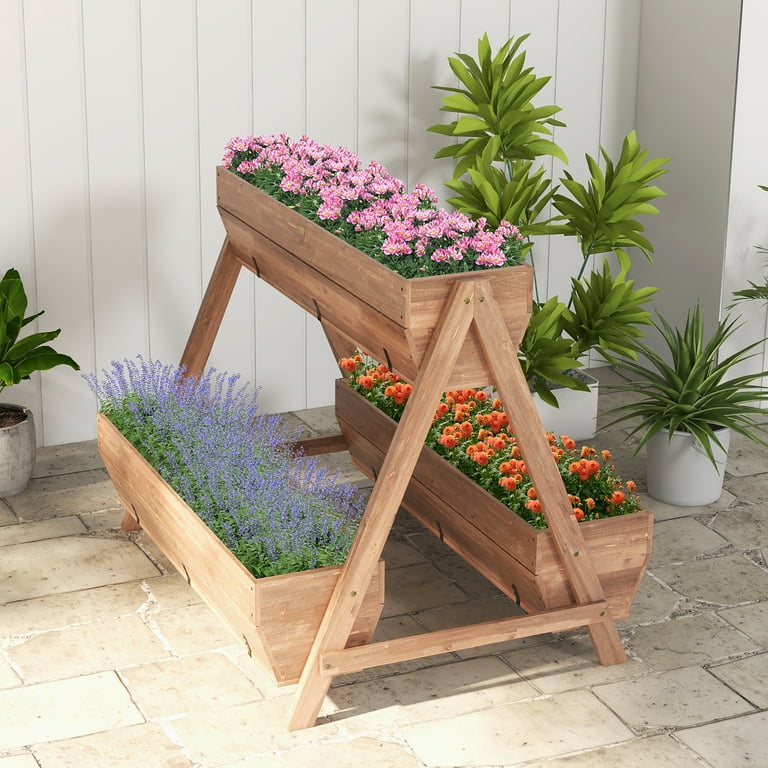 Gymax Vertical Raised Garden Bed Wood Tiered Plant Stand w/ 3