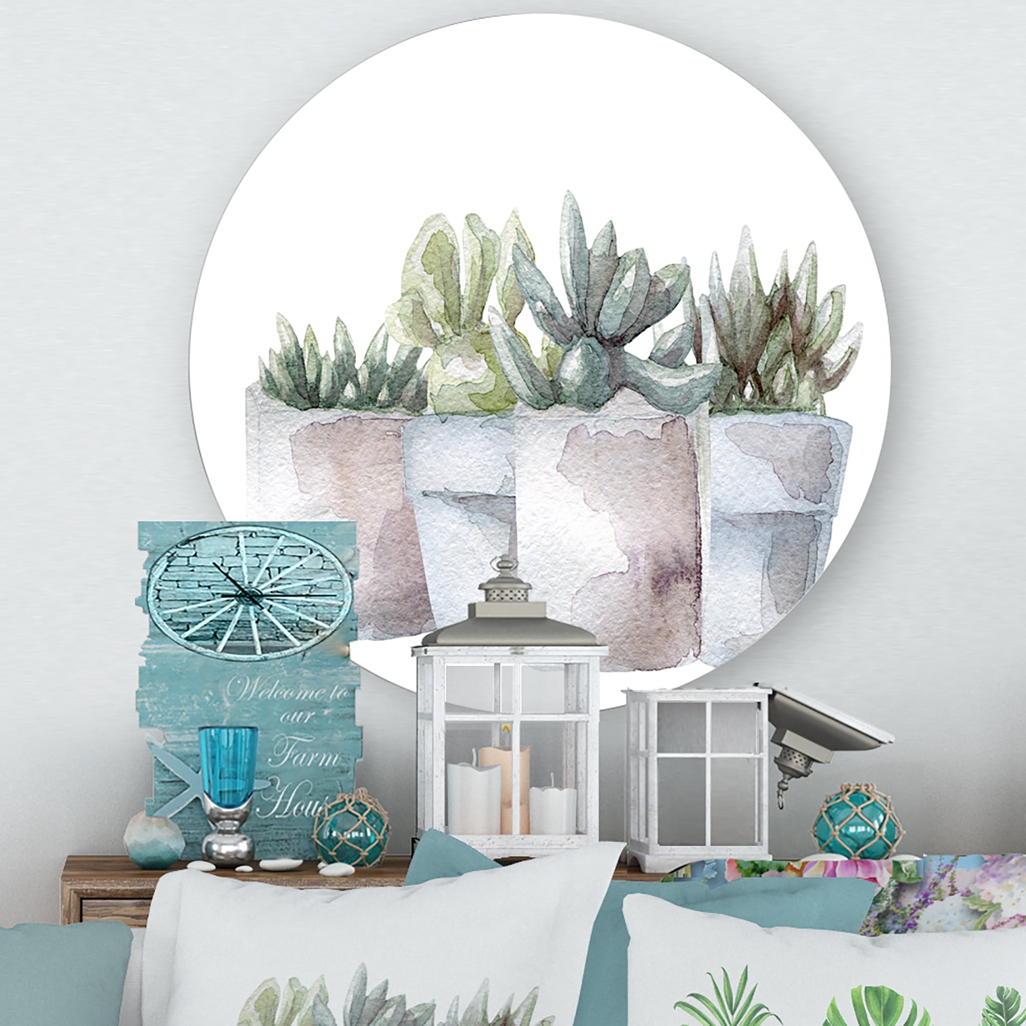 Designart 'Succulent and Cactus House Plants III' Farmhouse Circle Metal Wall Art 11x11 - Disc of 11