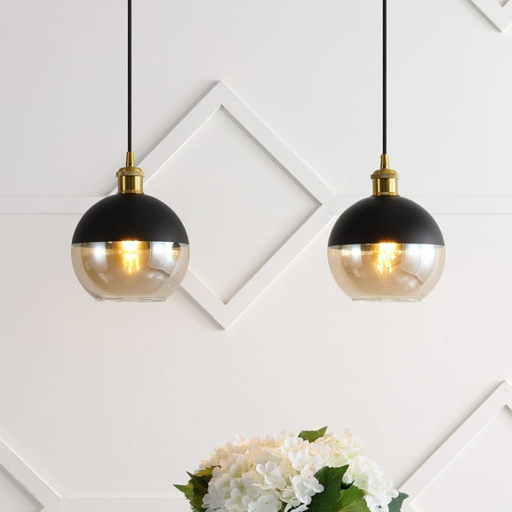 JONATHAN Y Nixon 7.5" 1-Light Mid-Century Modern Metal/Glass Adjustable Drop Globe LED Pendants, Brass Gold/Black (Set of 2)