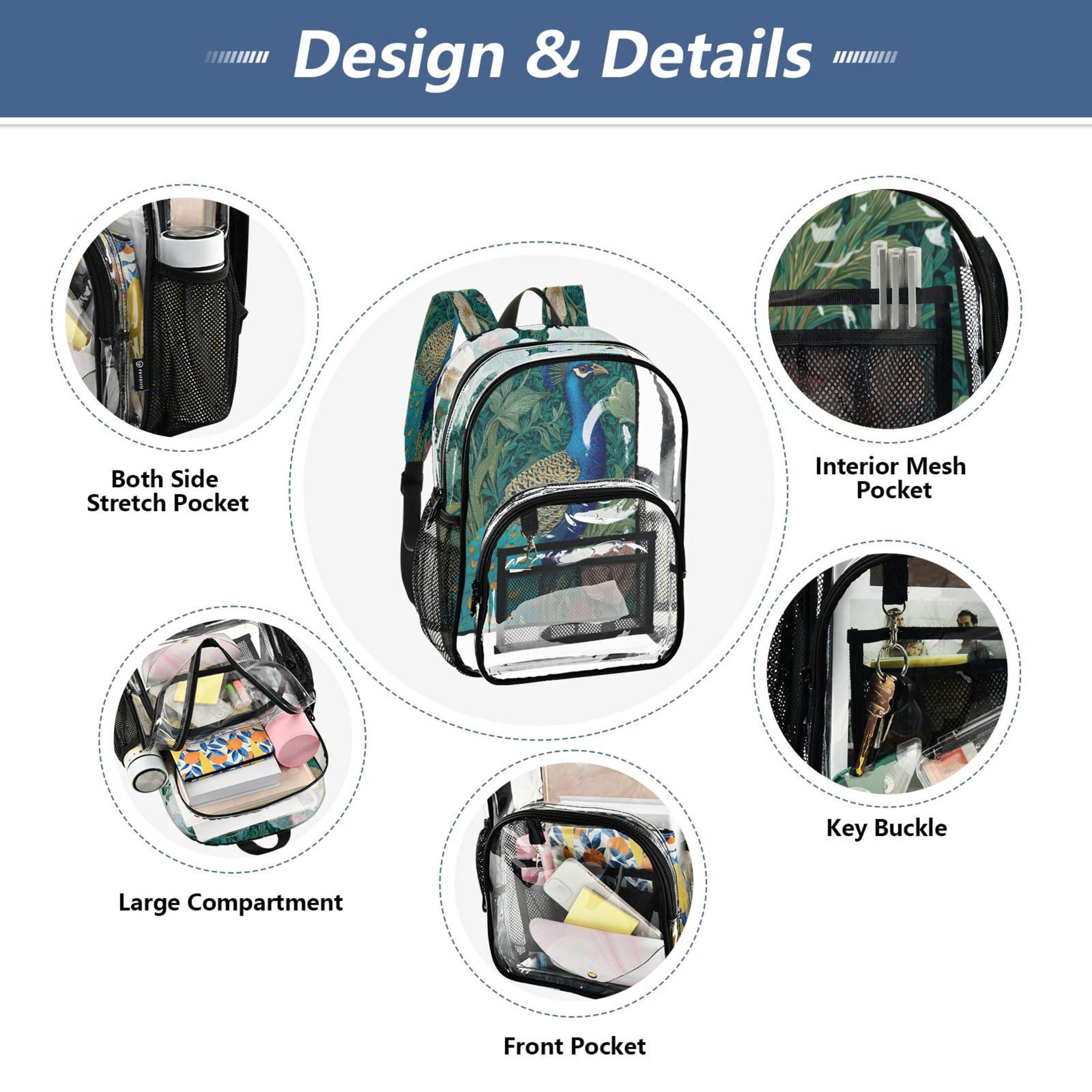 PVC Transparent Backpacks Clear Backpack for Travel and Outings Peacock Illustration