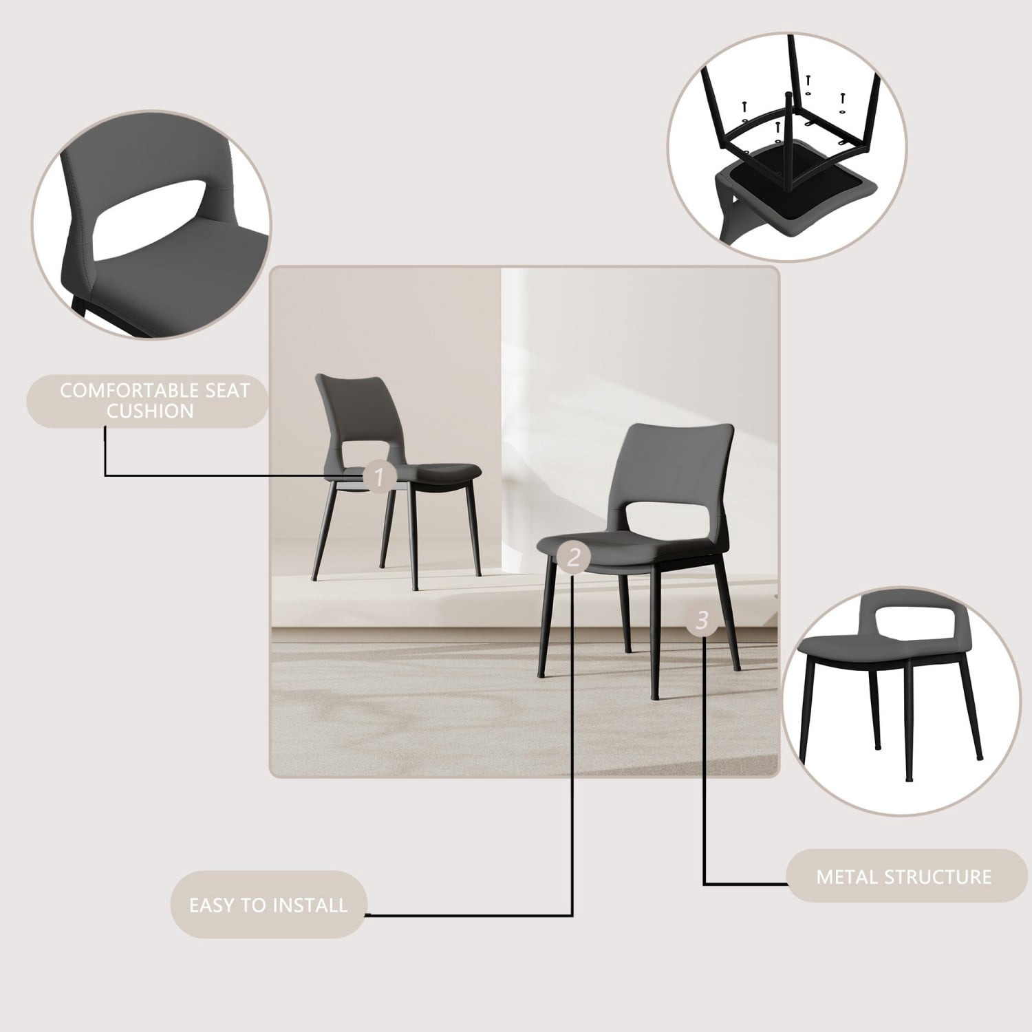 Modern Minimalist Grey PU Leather Dining Chairs Set of 2 Upholstered Kitchen Chairs with Metal Legs Ergonomic Backrest for Dining Room Restaurant Office