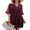 Burgundy, variant on Women's V Neck Bell Sleeve Swiss Dot A-Line Elastic Waist Ruffle Hem Short Dress