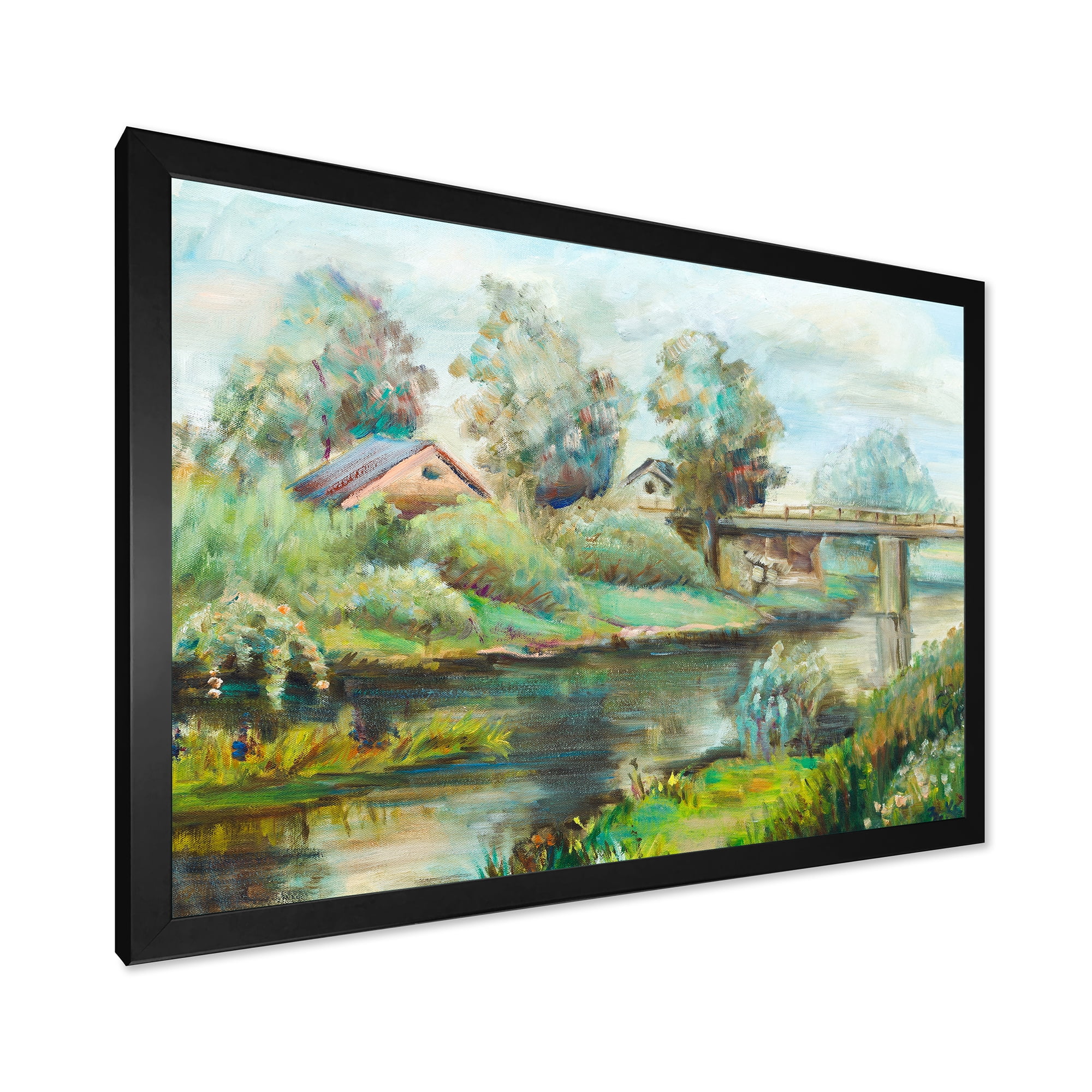 Designart 'Rustic Landscape With Bridge On The River' Lake House Framed Art Print