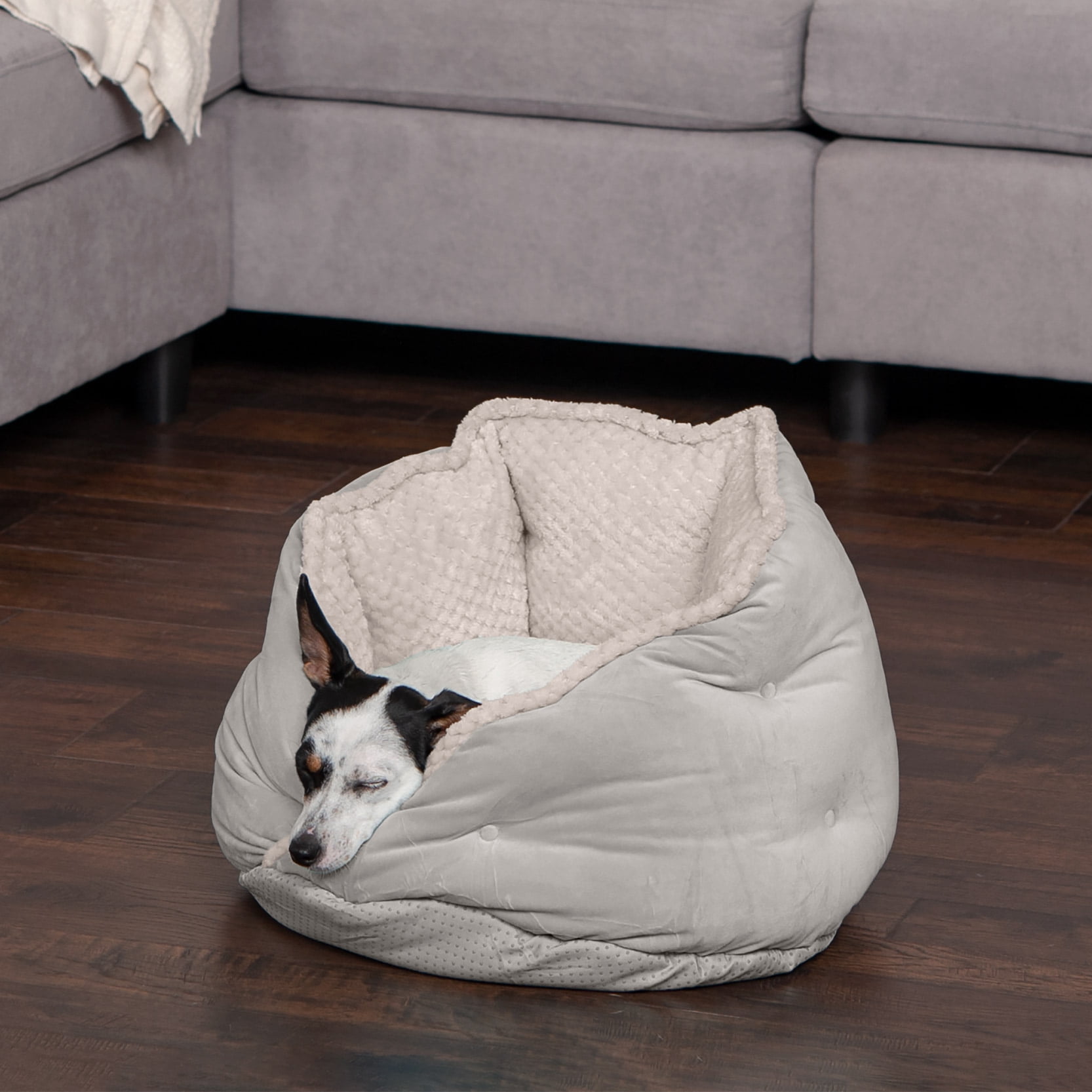 FurHaven Minky Faux Fur & Velvet Calming Hug Pet Bed, Silver Gray, Small, 1 Count