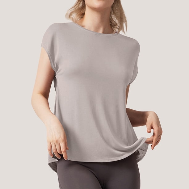 mfyjkho Tops Para Salir, Camiseta De Yoga De Manga Corta Para Mujer, De Color Liso, Con Abertura En La Espalda Y Hueca, Fina Tops Para Salir Xl