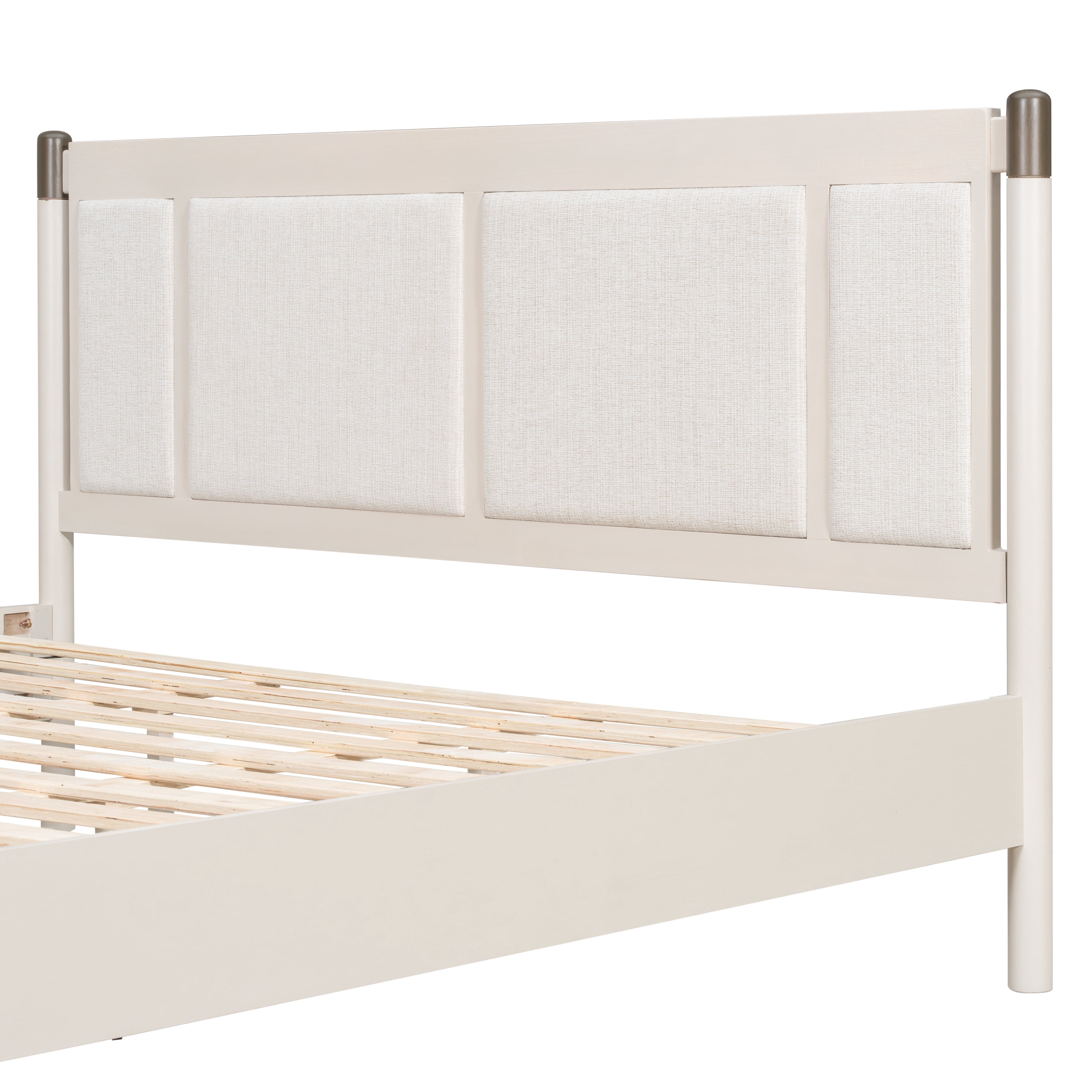 King Bed Frame 81 Inch, Solid Wood Platform Bed with Upholstered Headboard and Metal Handles, Heavy Duty Bed Frame with 600 lbs Support, Grey