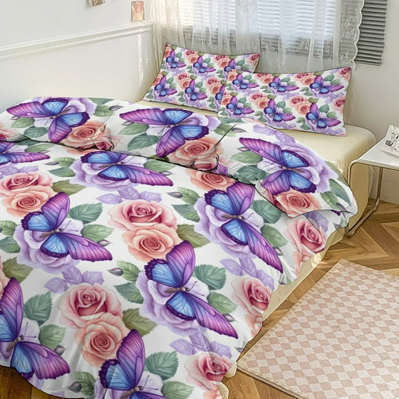 Housse de Couette Rose et Papillons Taille Très Grand&Grand Ensemble Doux 3 Pcs 1 Housse de Couette et 2 Taies d'Oreiller avec Fermeture Éclair 86"x70 Pouces