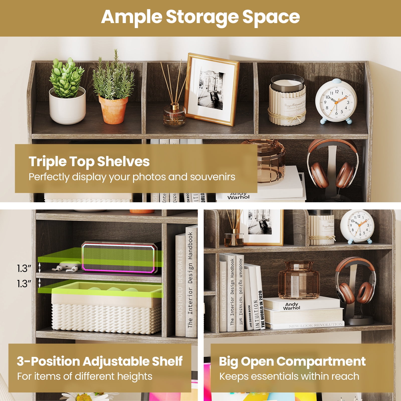 Gymax 3-Tier  Desktop Bookshelf w/ 6 Shelves Desk Organizer for Computer Desk