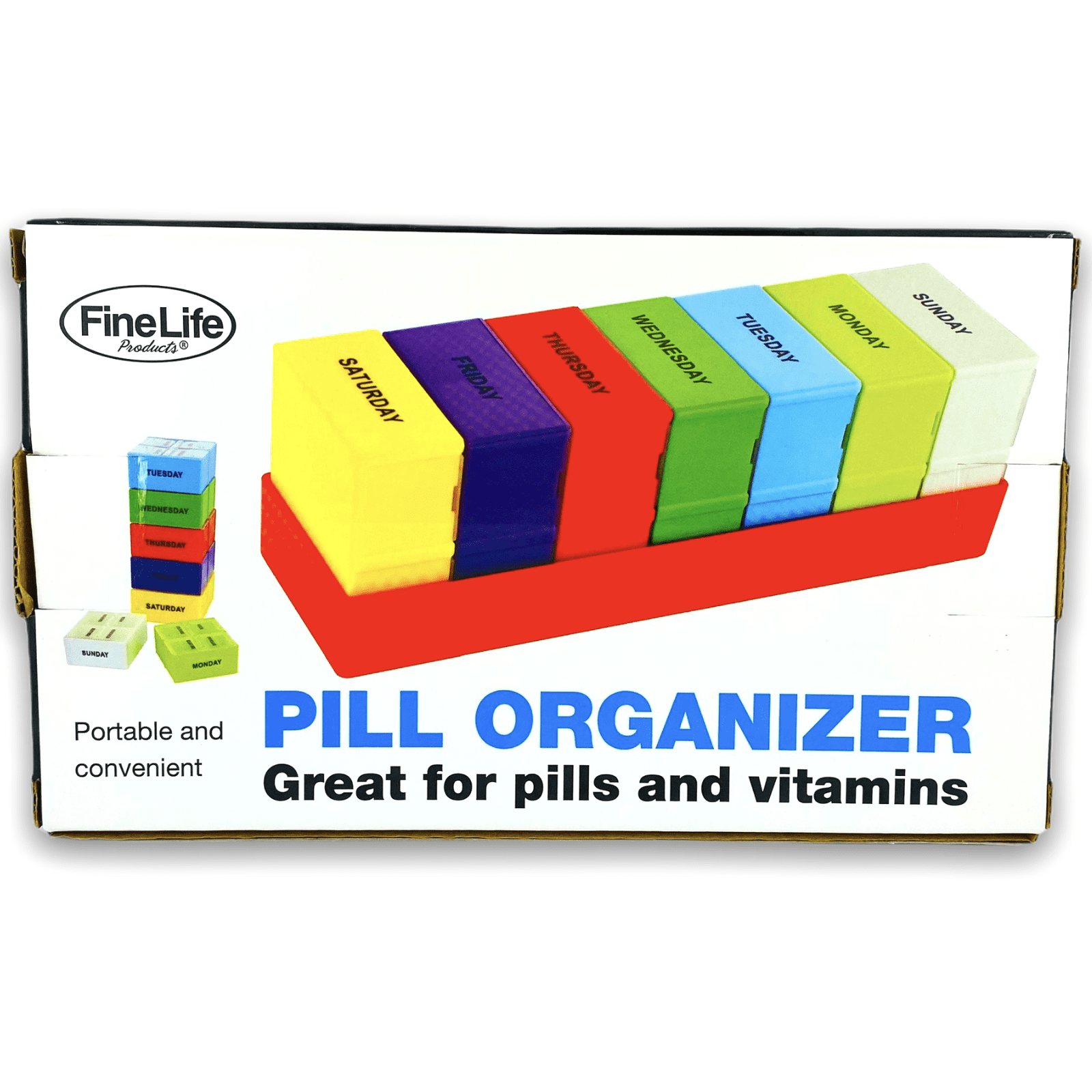Fine Life Products 7-Day Color Coded 4 Dosage Deep Compartment Pill Organizer Great for Pills and Vitamins, Red Tray