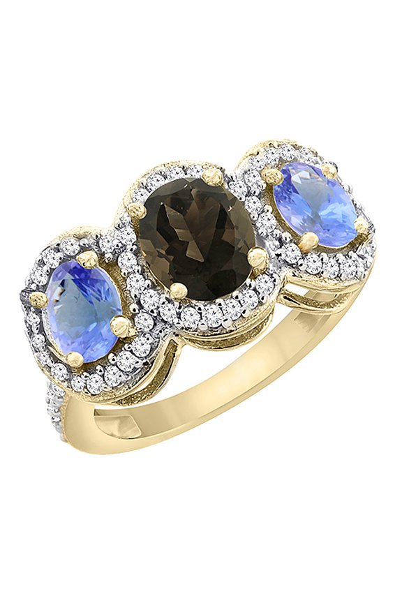 10K Yellow Gold Natural Smoky Topaz & Tanzanite 3-Stone Ring Oval Diamond Accent, size 8.5
