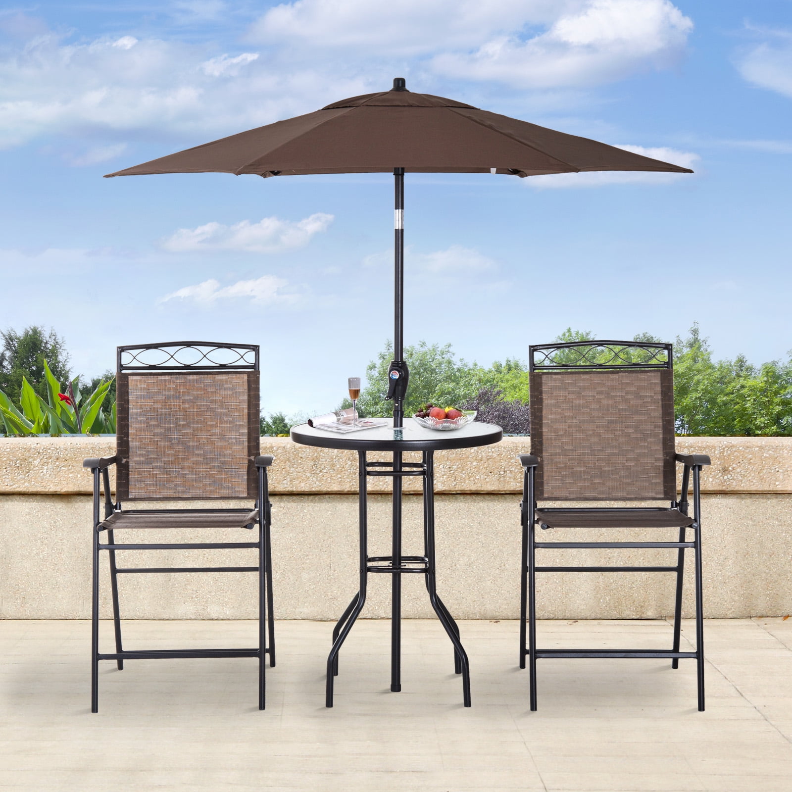 Ikayaa 4 Piece Folding Outdoor Patio Pub Dining Table And Chairs Set With 6 Adjustable Tilt Umbrella Com - Outdoor Patio Table With Umbrella Set