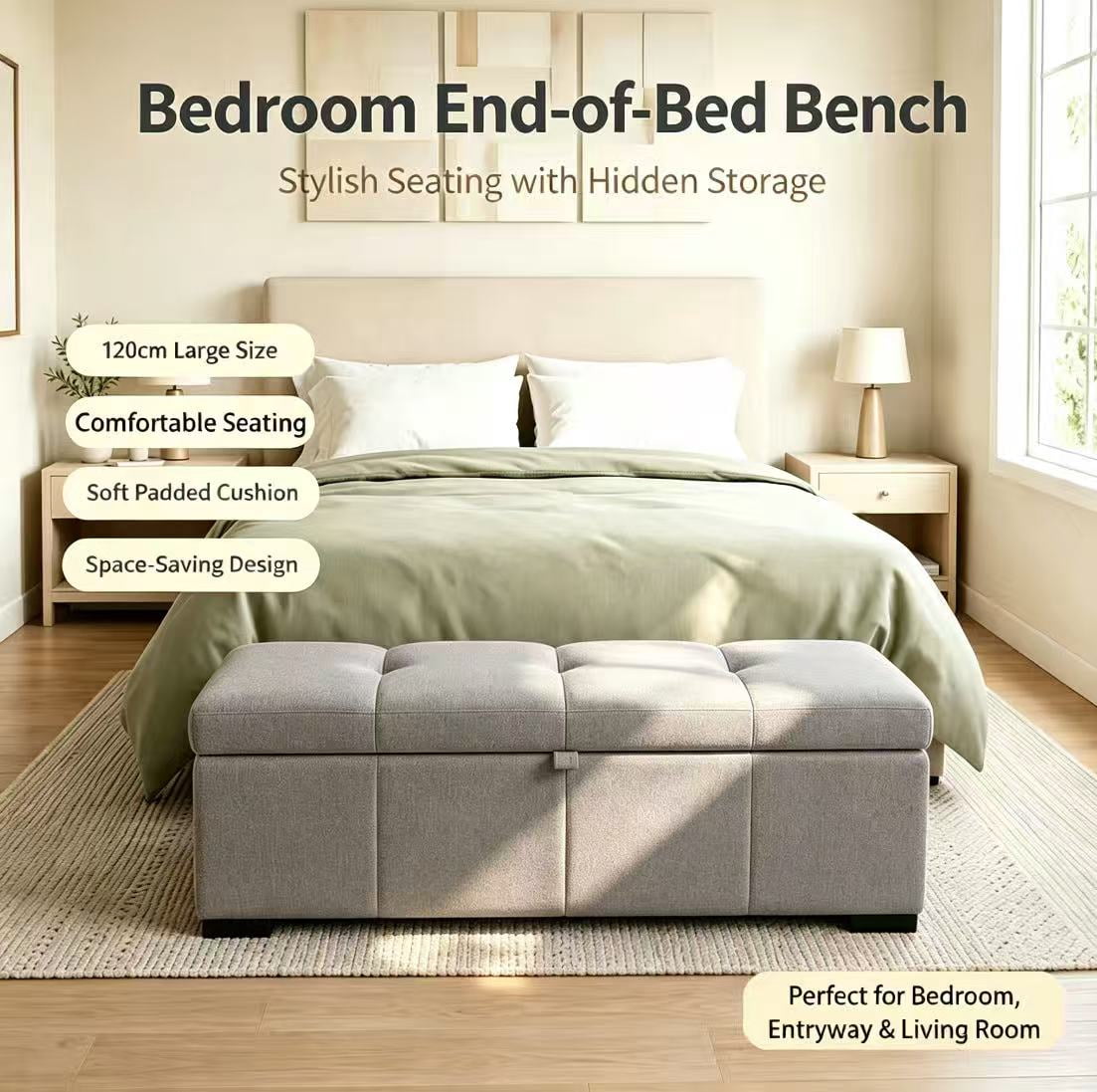 Modern Bed End Bench 47.2 Inch, Upholstered Storage Ottoman for Bedroom and Living Room, Rectangular Storage Bench for Entryway and Office, Dark Gray