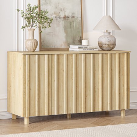 Swedhaus Fluted Sideboard Buffet Cabinet with Storage Modern Coffee Bar Console Table for Living Room Kitchen Storage Cabinet for Dining Room with 4 Doors Oak