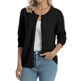 thumbnail image 3 of QUALFORT Women's 100% Cotton Lightweight Button-Front Cardigan Sweater, Crew Neck Long Sleeve Knit, Black L, 3 of 8