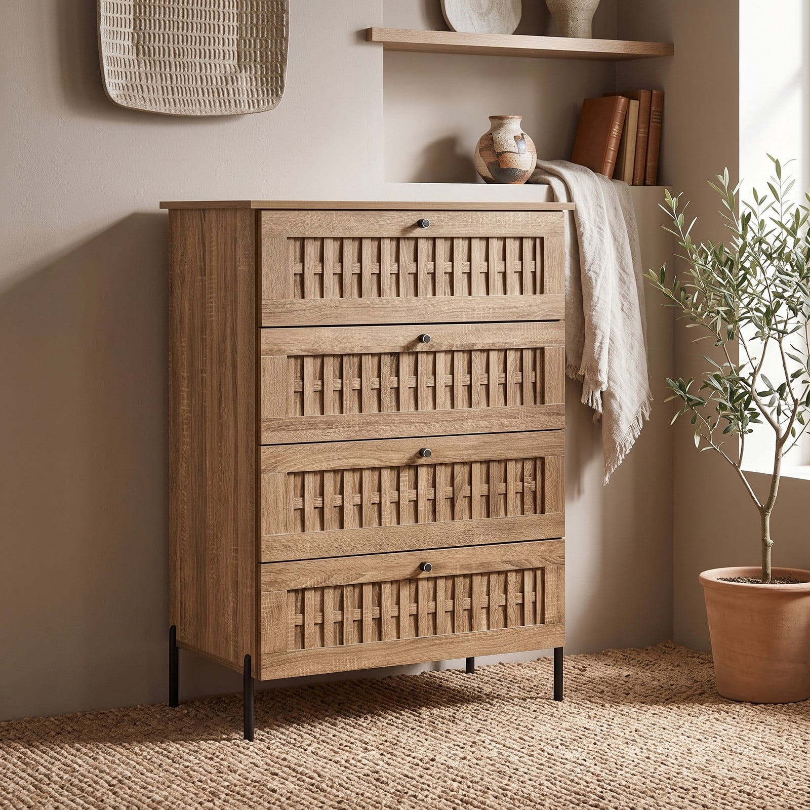 Furnibear 4-Drawer Dresser with Woven Rattan-Textured Fronts and Sturdy Metal Legs for Bedroom Living Room and Hallway Storage, Caramel Oak