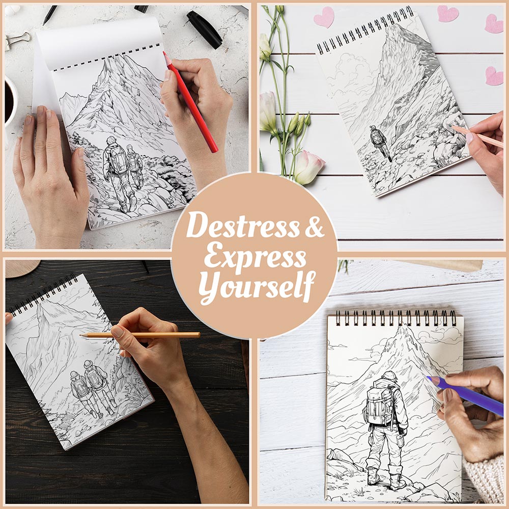 Mountain Hiking Coloring Book Spiral Bound For Adults, A5 Wooden Cover, 30 Captivating Coloring Pages of Mountain Hiking Escapes for Stress Relief and Relaxation
