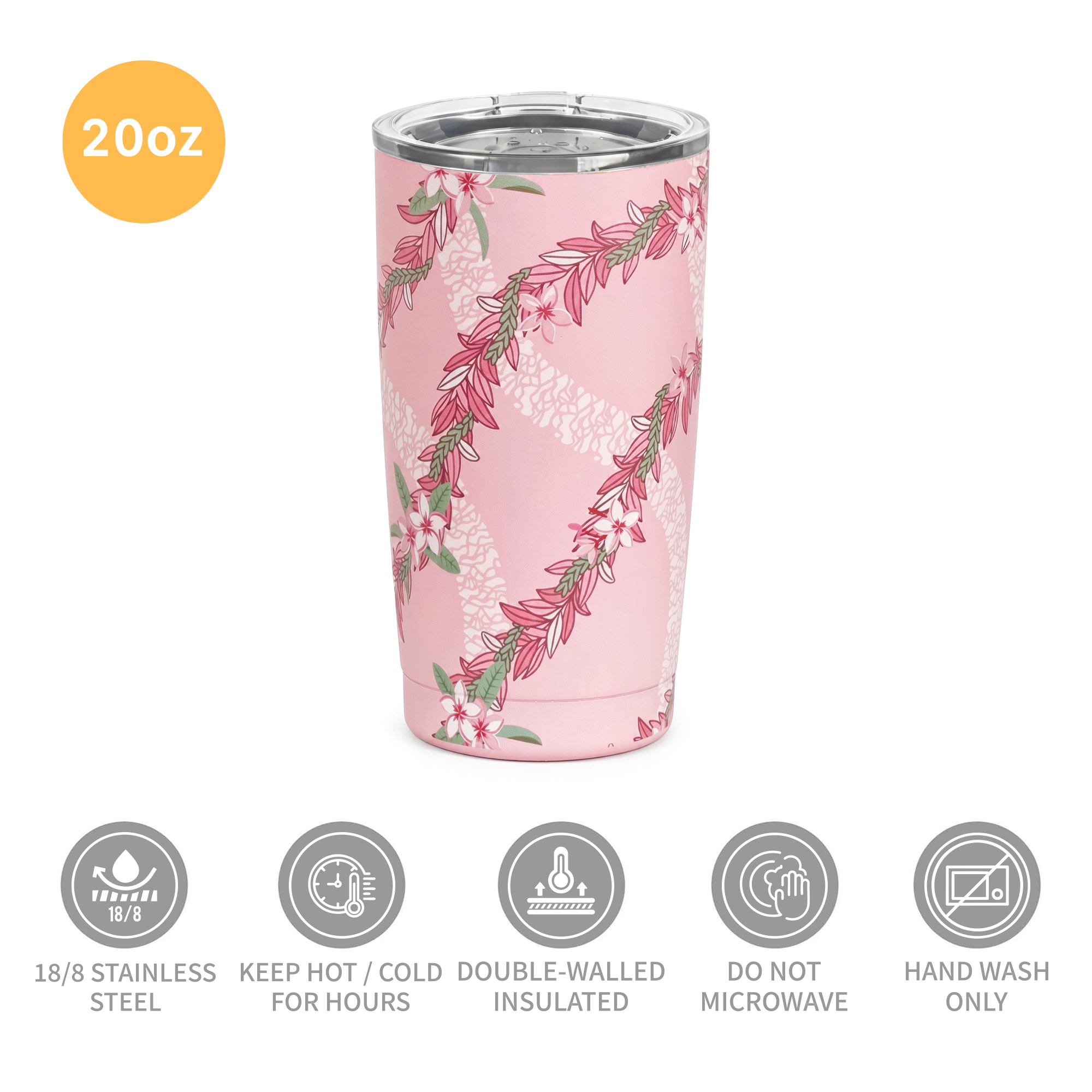 Island Crew 20 oz Light Pink Plumeria Bloom Stainless Steel Tumbler