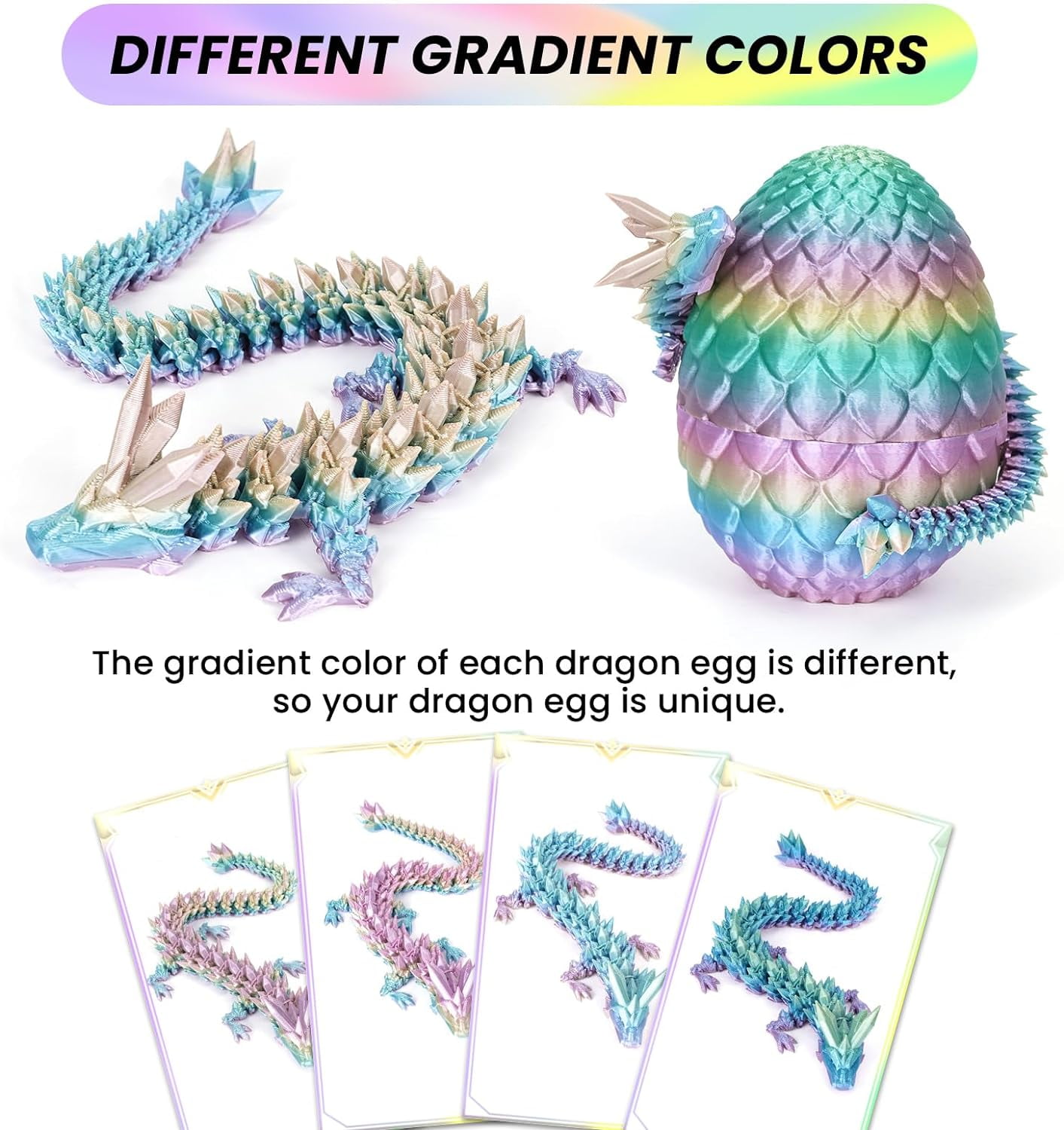 3D Printing Toys - 12" 3D Printed Dragon&Egg Cool 3D Printed Articulated Crystal Dragon Toy for Ages 8+ (4Pcs-B)
