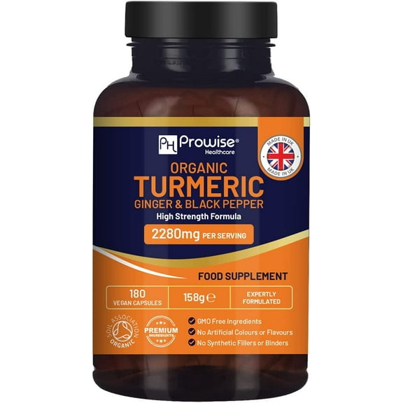 Turmeric 2280mg (High Strength) with Black Pepper & Ginger - 180 Vegan Turmeric Capsules with Active Ingredient Curcumin I UK Made by Prowise Healthcare
