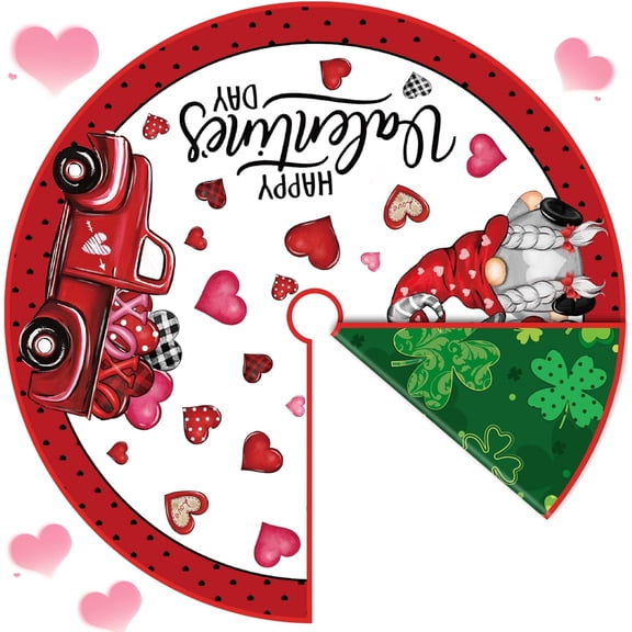36 Inch Valentine''s Day Tree Skirt Reversible St. Patrick''s Day Tree Skirt Love Heart Gnome Clover Double Sided Print Mat Christmas Tree Skirt for Holiday Party Decoration