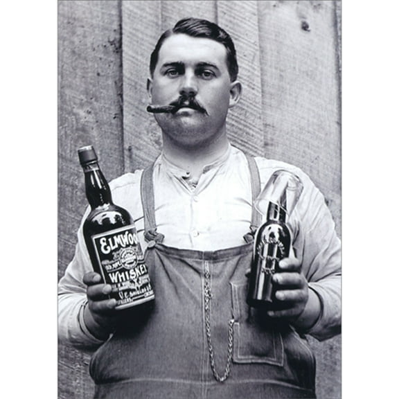 Avanti Press Man Holding Whiskey and Beer Bottles Vintage Photo America Collection Funny Birthday Card for Him / Man