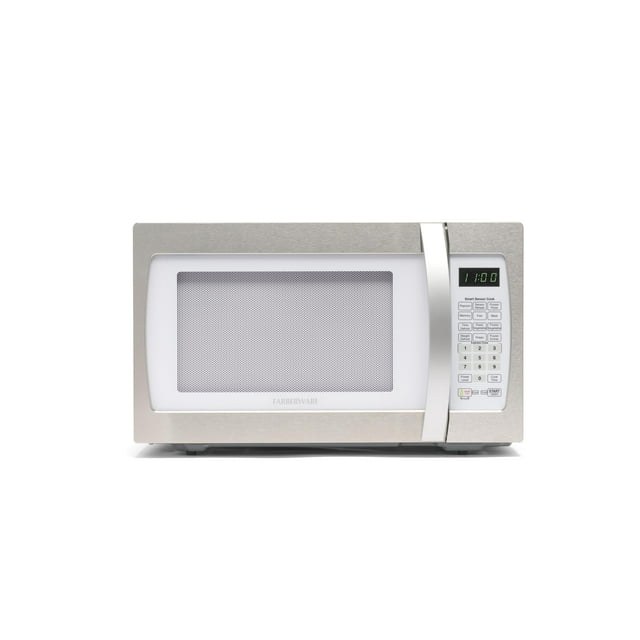 Farberware Countertop Microwave 1100 Watts, 1.3 cu ft - Smart Sensor Microwave Oven With LED Lighting and Child Lock - Perfect for Apartments and Dorms - Easy Clean Retro White, Platinum