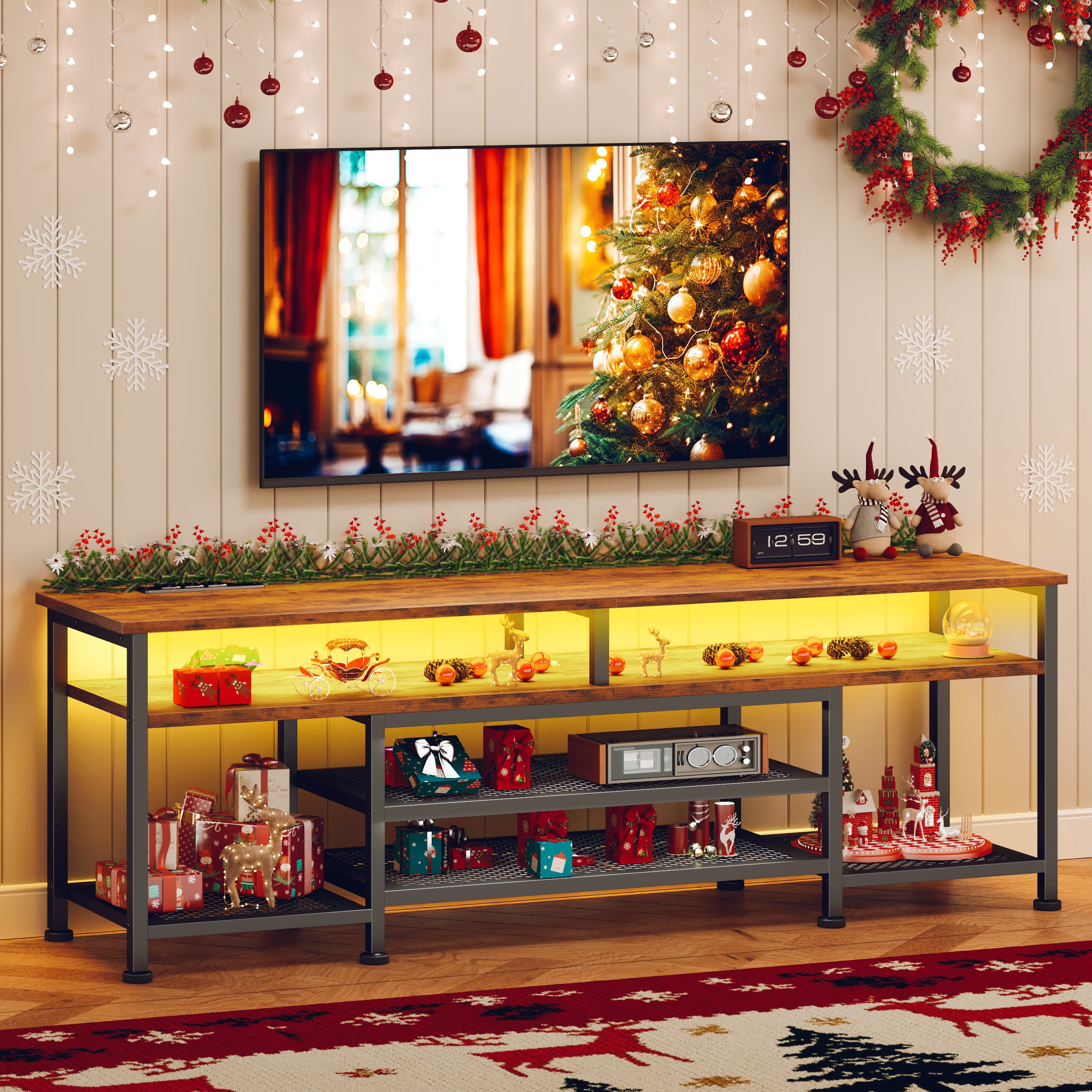 Tydimor Modern TV Stand for 75-80 inch TV, Media Console with Storage for Living Room, LED Entertainment Center with Outlets, Rustic Brown