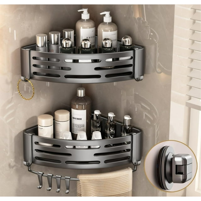 Esquinero para Baño Regadera Ventosa Repisas Sin Taladro Organizador de Regadera Metal de Aluminio Porta Shampoo Antióxido Estante Organizador Baño Gris Mueble para Regadera