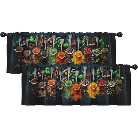2 Pack Valances Window Treatments Spices and Herbs Blackout Drapes Adjustable Curtain Valances for Windows Living Room Kitchen Over Sink 18x52 Rod Pocket Valances