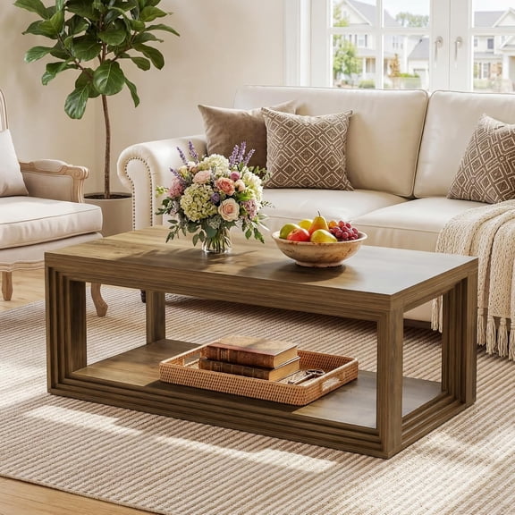 Tribesigns 47" Rectangular Coffee Table, 2-Tier Center Table with Storage Shelf for Living Room, Rustic Brown