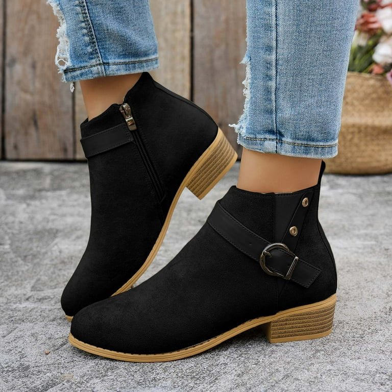 Leozcaa Women's Ankle Boots Flat Low Heel Fashion Casual Suede Short  Booties Pointed Toe with Side Zipper - Walmart.com