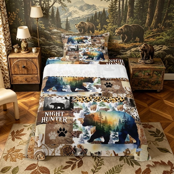 Castle Fairy Watercolor Bear Twin Sheets 3pcs,Vintage Leopard Print Bedding,Sepia Orange Cream,1 Fitted Sheet, 1 Flat Sheet and 1 Pillowcase
