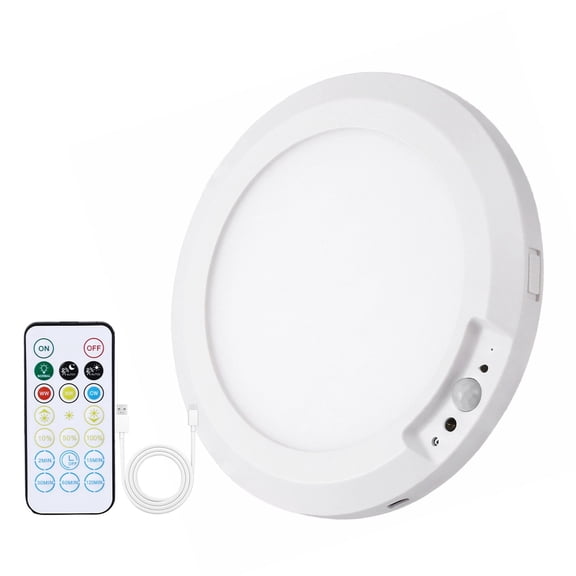 A Pack of Rechargeable LED Ceiling Lights Featuring a Motion Sensor, Offering Three Lighting Modes And Ten Brightness Settings.