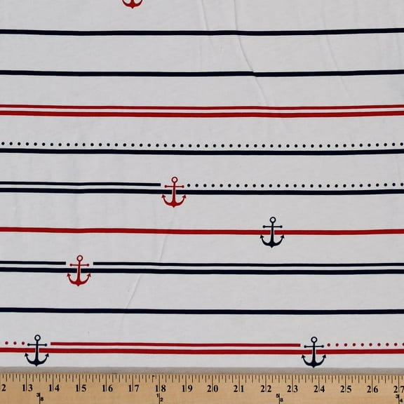 Cotton Jersey Knit Nautical Anchors Stripes Fabric by the Yard- White (8757F-6M)