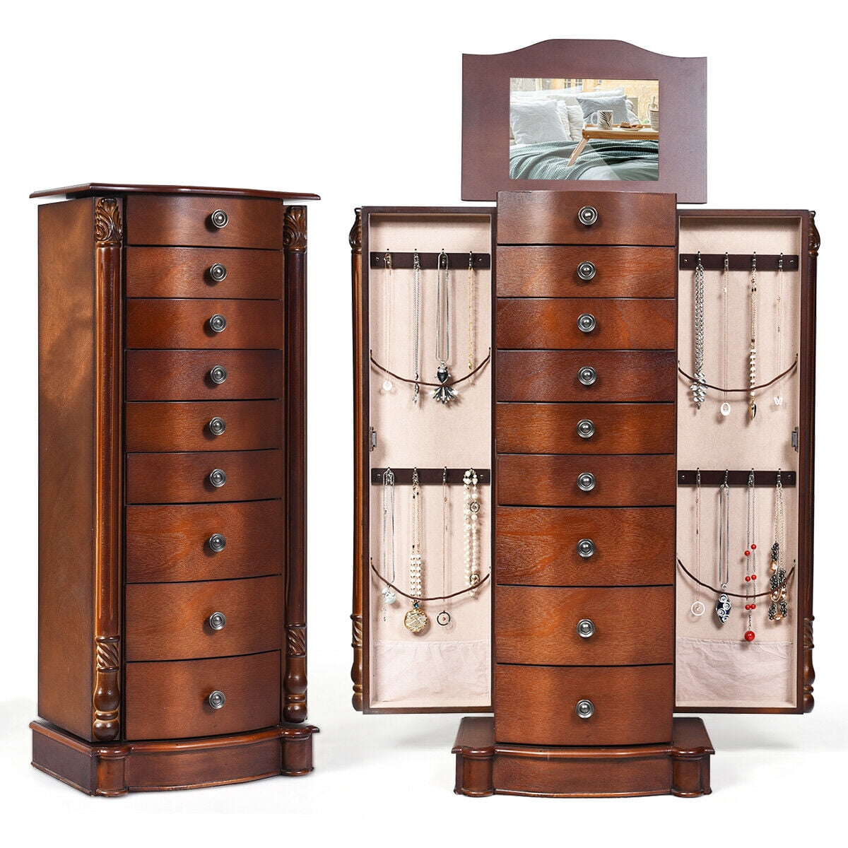 Jewelry Armoire Box Espresso Dark Wood Necklace Stand Tall Mirror 34" Cabinets 