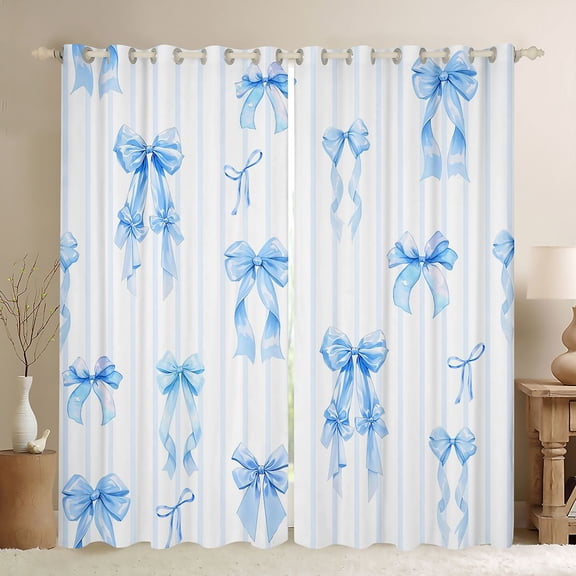 Manfei Blue Ribbon Bow Black Out Curtains for Kids Girls,Teens Female Geometric Stripes Curtains Pack of 2 (42x63 Each),Super Cozy Room Decor