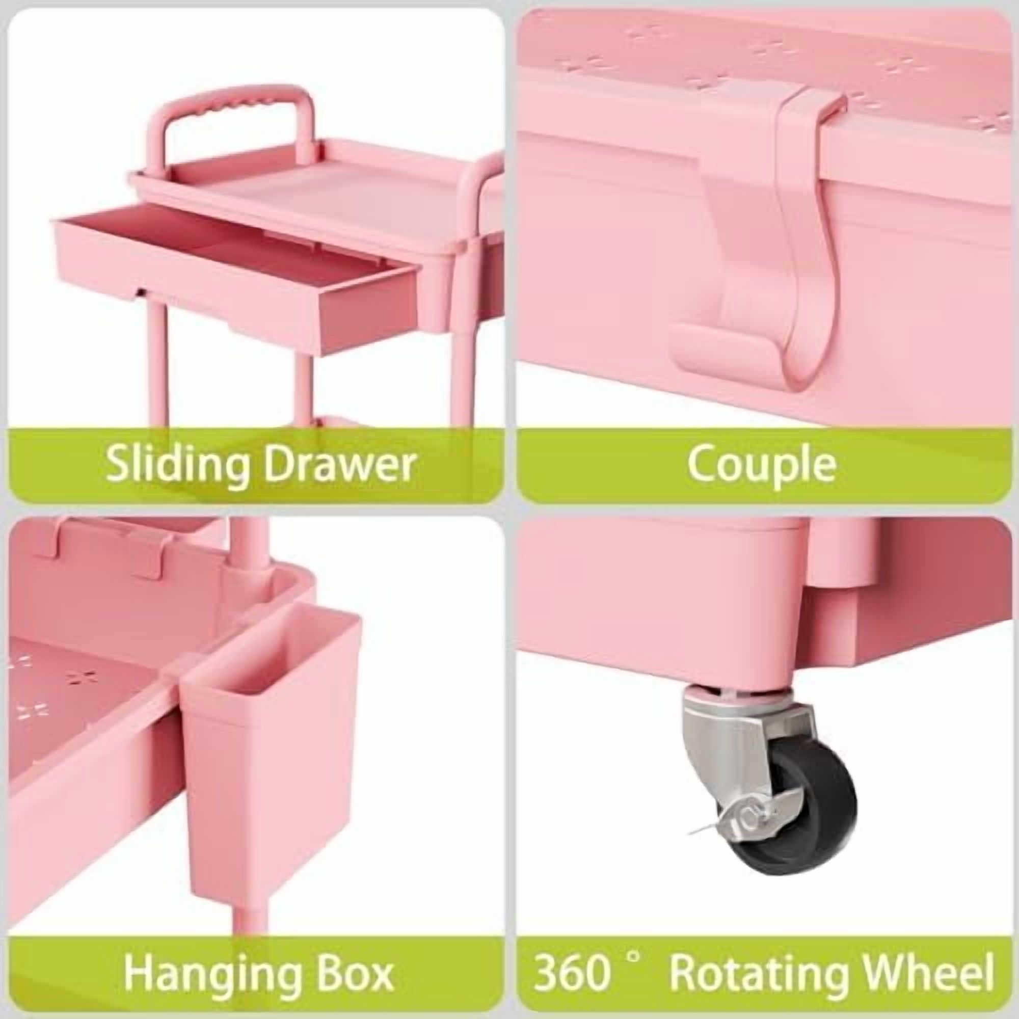 3 Tier Rolling Cart Organizer,Laundry Room Bathroom Organizers and Storage Office Shelves Mobile Shelving Unit Kitchen Trolley Cart with Wheels for Art,Craft,Diaper,Bedside,Snack(Pink)
