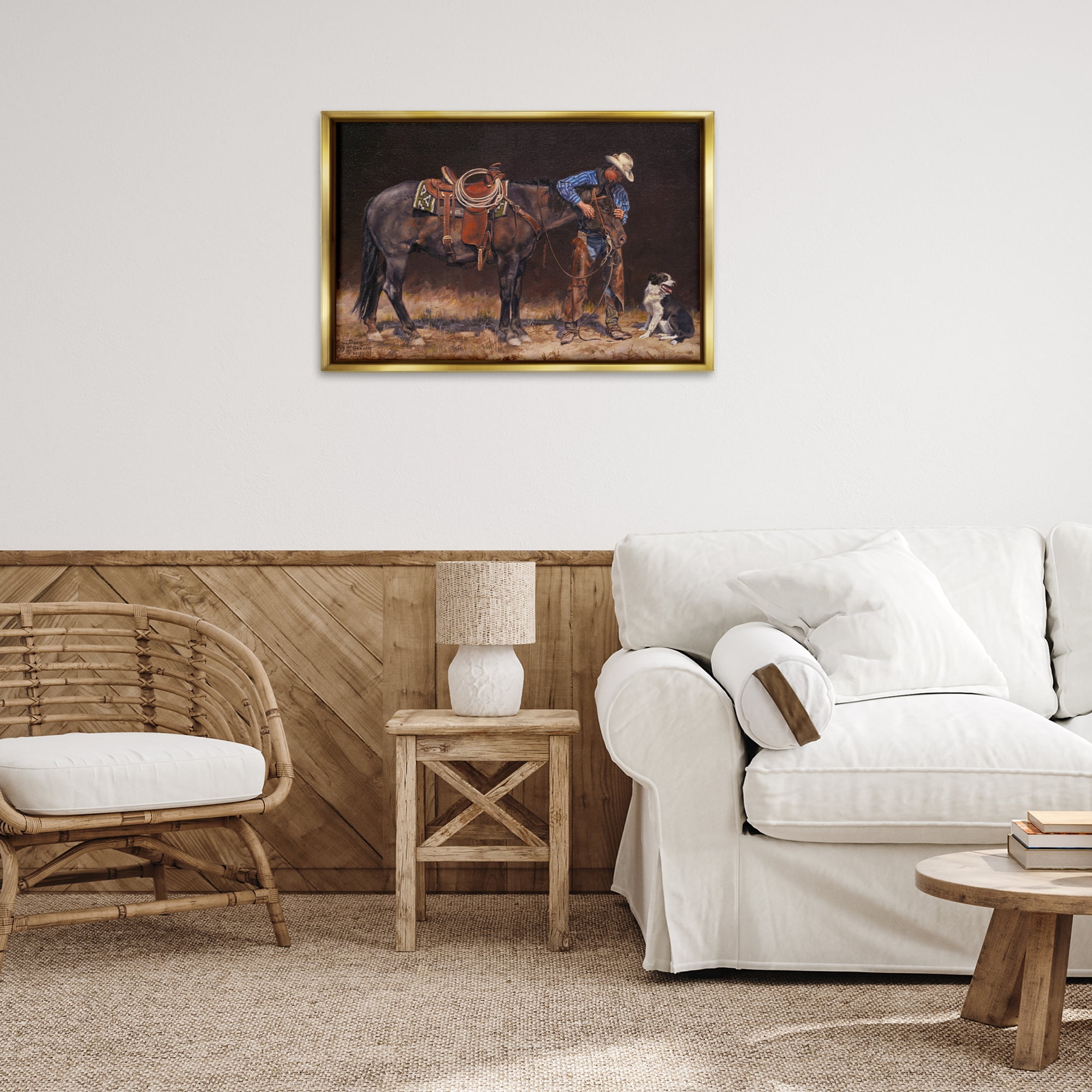 Stupell Industries Western Horse & Dog Animals & Insects Painting Gold Floater Framed Canvas Art Print Wall Art, 31 x 21