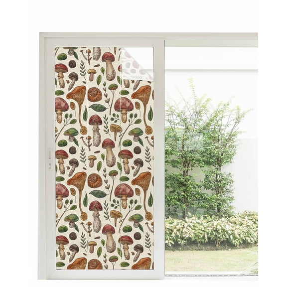 Window Privacy Film Fall Mushroom Stained Glass Window Film Decorative Sun Block Window Cover Farmhouse Country Botanical Leaves Window Clings Static Adhesive Sticker for Bathroom 35.4"x78.7"