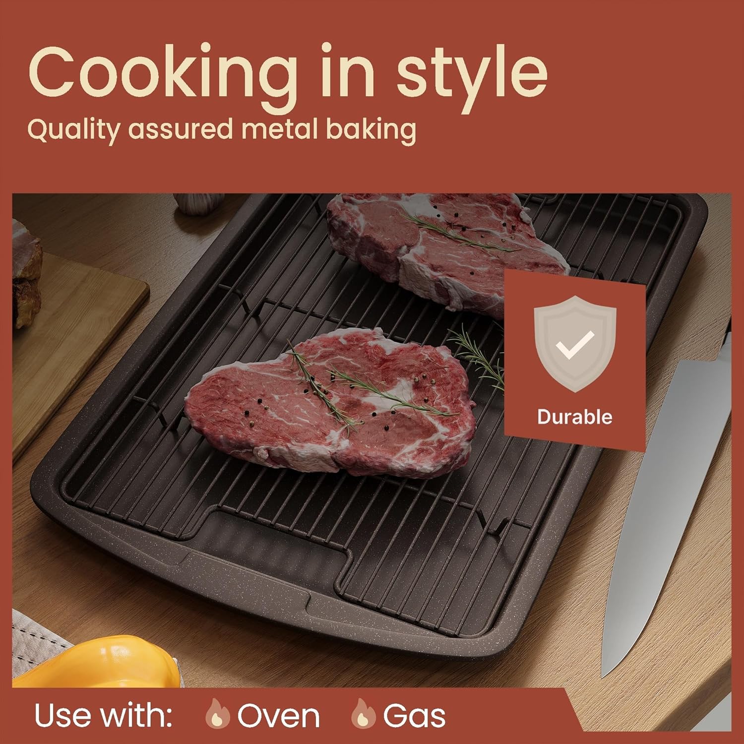 Bakken Cookie Sheet with Wire Rack Set, 2-Piece Nonstick Carbon Steel Pan 17.4" & Cooling Rack 14.7", Stackable Set, Oven Safe 450°F, Brown Marble
