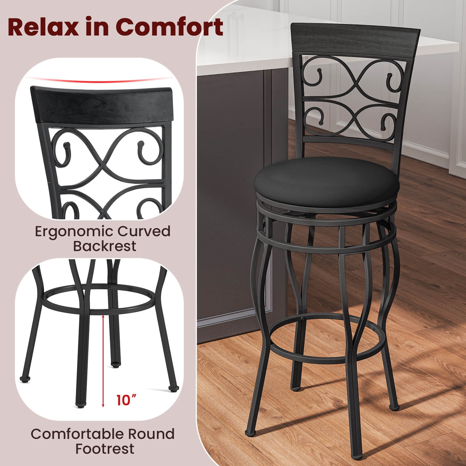 Set of 2 Vintage Swivel Bar Stools 30'' with Padded Seat, High