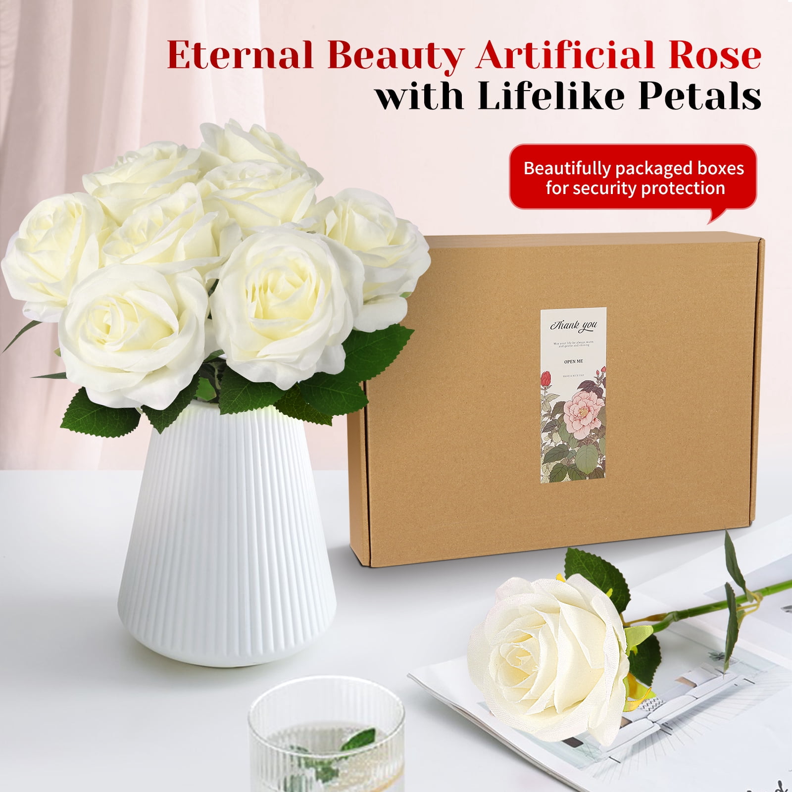 DUOTAN 20 PCs White Roses Artificial Silk Flowers, 4’’Big Flower Head Artificial Roses with Long Stems, Realistic Fake Roses Bulk for Home Wedding Bouquet Arrangements Party Decoration