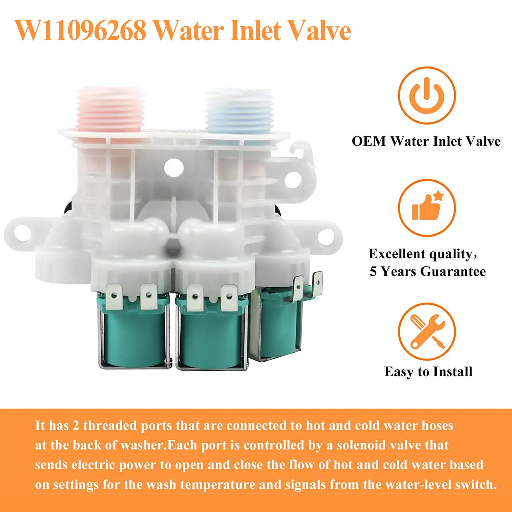 Beaquicy W11096268 W11220230 Water Inlet Valve for Whirlpool Washing Machine Replaces W10632527