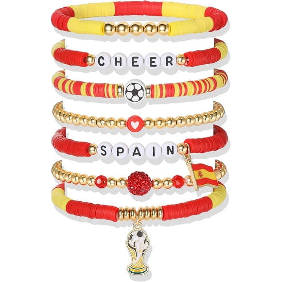 YanonmyfdWorld Soccer Game-day Cup Bracelet Stack Set 7pcs Softball/Baseball/Basketball/Soccer/Volleyball/Tennis/Football Stretch Sports Fans Jewelry Sports Beaded Bracelets with Charms,S-Spain