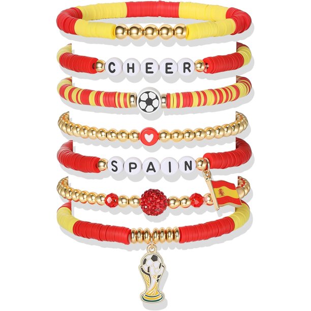 YanonmyfdWorld Soccer Game-day Cup Bracelet Stack Set 7pcs Softball/Baseball/Basketball/Soccer/Volleyball/Tennis/Football Stretch Sports Fans Jewelry Sports Beaded Bracelets with Charms,S-Spain