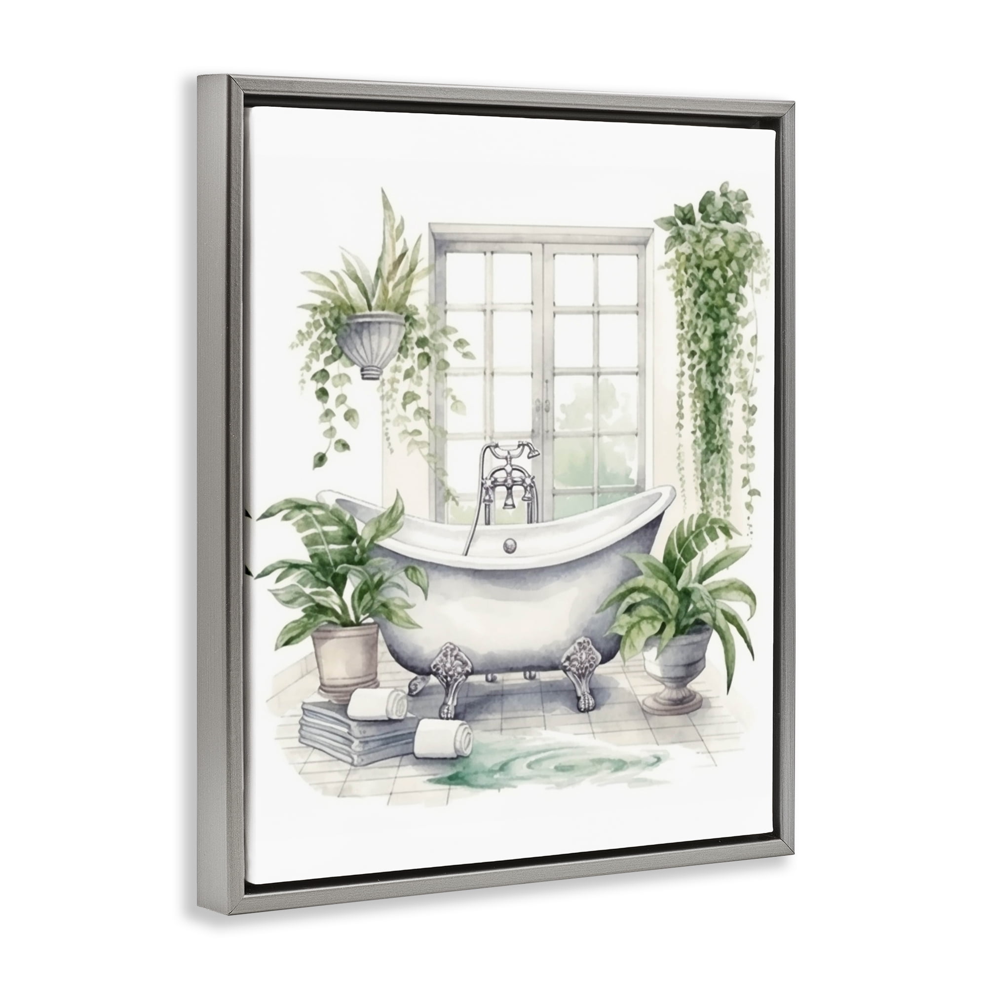 Lush Greenery Bathtub & Window Gray Framed Floater Canvas Wall Art, design by Lettered and Lined