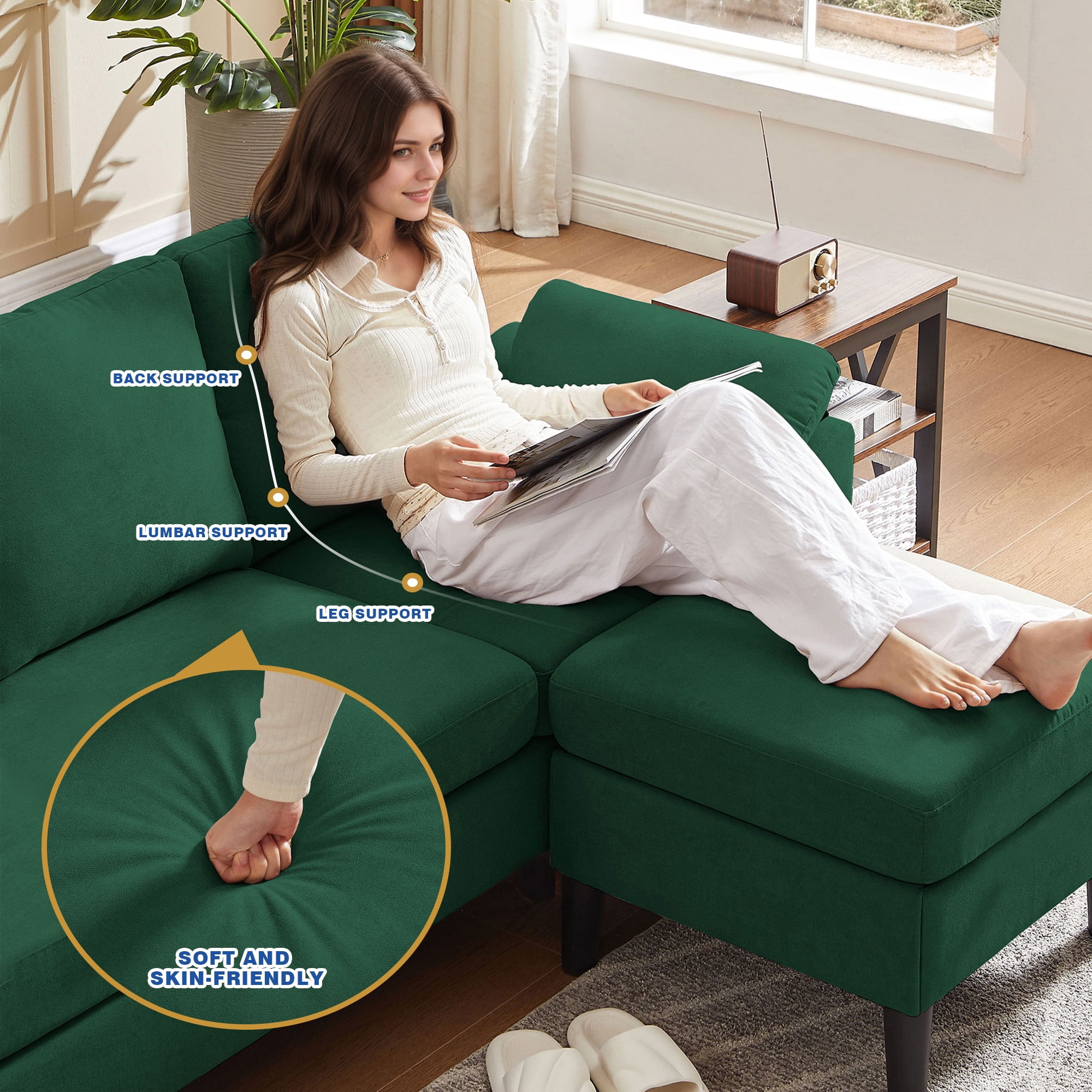 Jarenie 80" Convertible Sectional Sofa, Small L Shaped 3 Seat Couch with Reversible Storage Chaise, Modern Polyester Fabric Sofa Couches for Living Room, Apartment and Small Space, Green