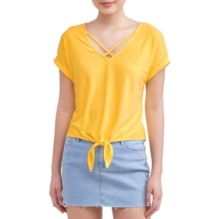 Juniors' Yummy Knit Printed Caged Neck Boyfriend Tee